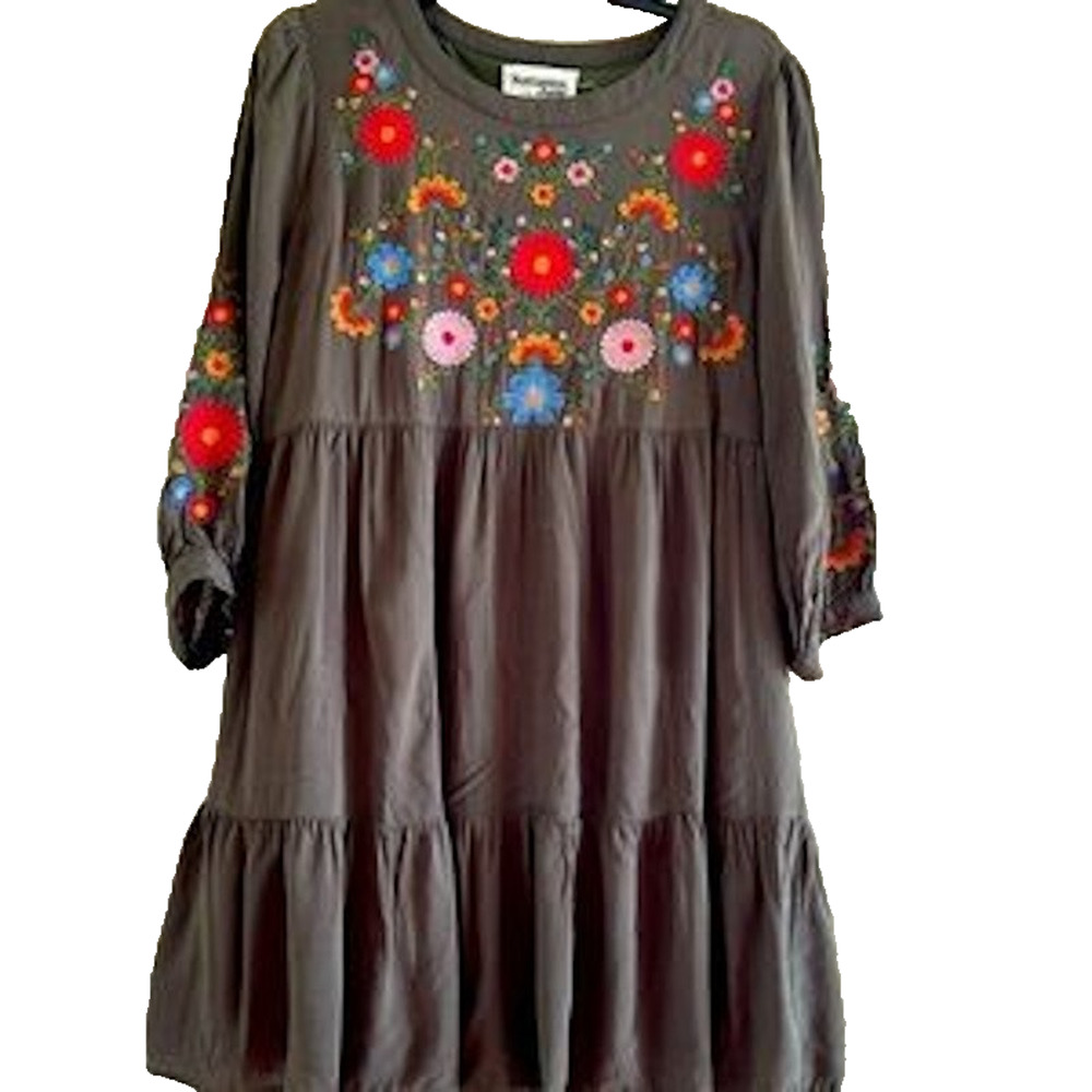 Savanna Jane Boho Embroidered Short Dress 3/4 Sleeves Smoke Gray Cottagecore M - Picture 3 of 8